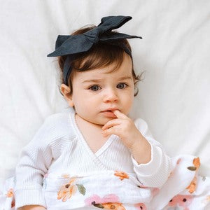 SNUGGLE HUNNY - Navy Blue Pre-Tied Linen Bow - Baby & Toddler
