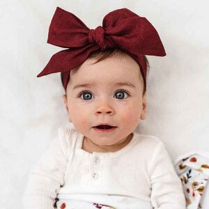 SNUGGLE HUNNY - Burgundy Pre-Tied Linen Bow - Baby & Toddler